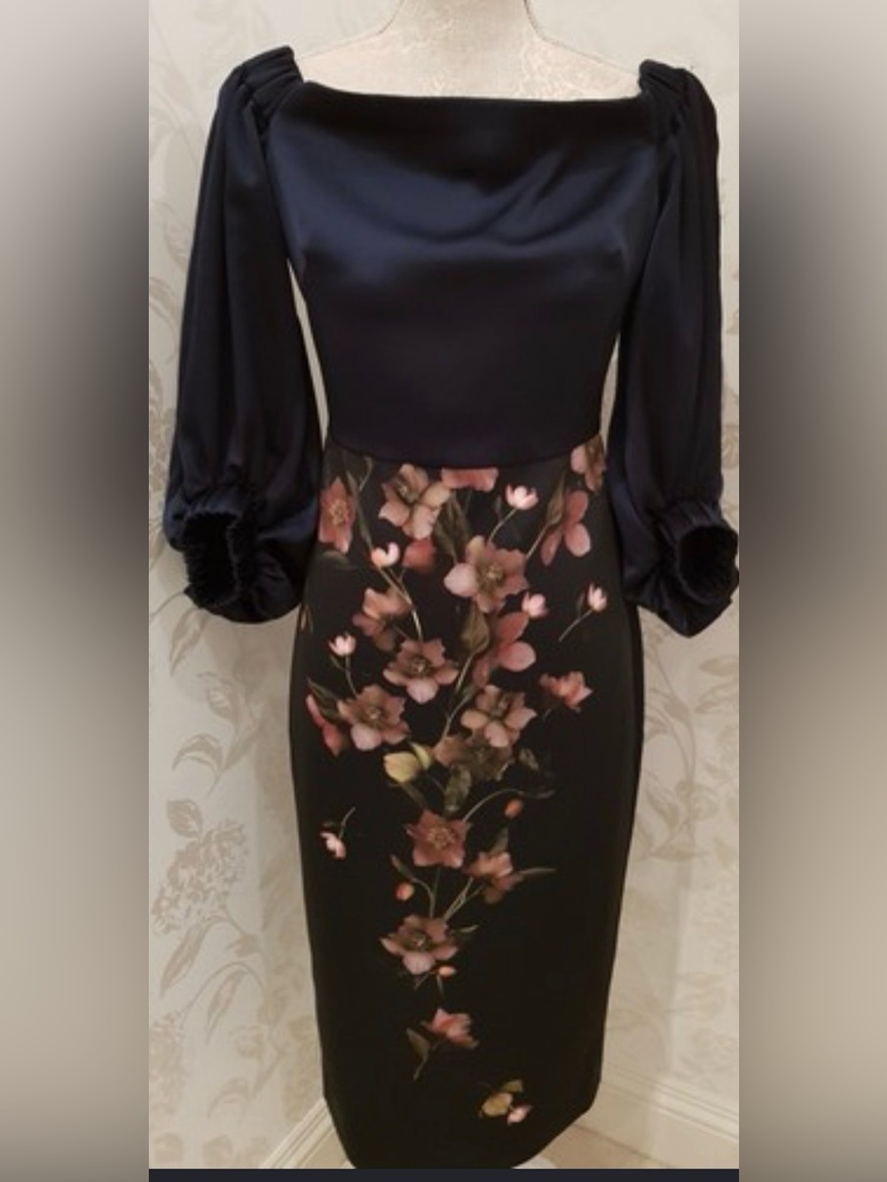 Ted Baker Black Midi Dress with Pink Floral Print and Puff Sleeves